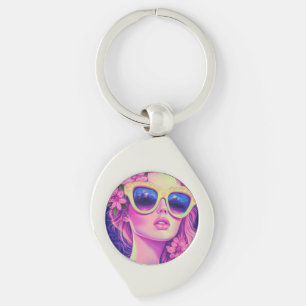 Neon Dream Girl with Floral Sunglasses Keychain