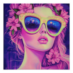 Neon Dream Girl with Floral Sunglasses Poster
