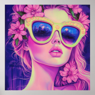 Neon Dream Girl with Floral Sunglasses Poster
