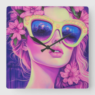 Neon Dream Girl with Floral Sunglasses Square Wall Clock
