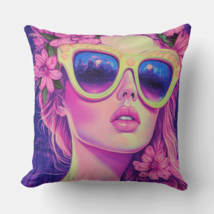 Neon Dream Girl with Floral Sunglasses Throw Pillow
