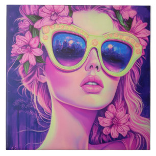 Neon Dream Girl with Floral Sunglasses Tile