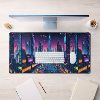 Neon Dreams: A Futuristic Cityscape Desk Mat