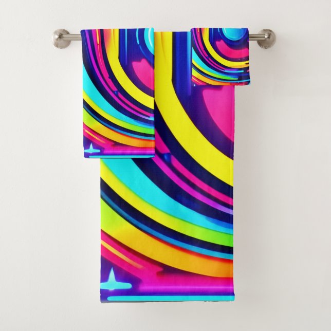 Neon Dreams: A Psychedelic Digital Odyssey Bath Towel Set (Insitu)