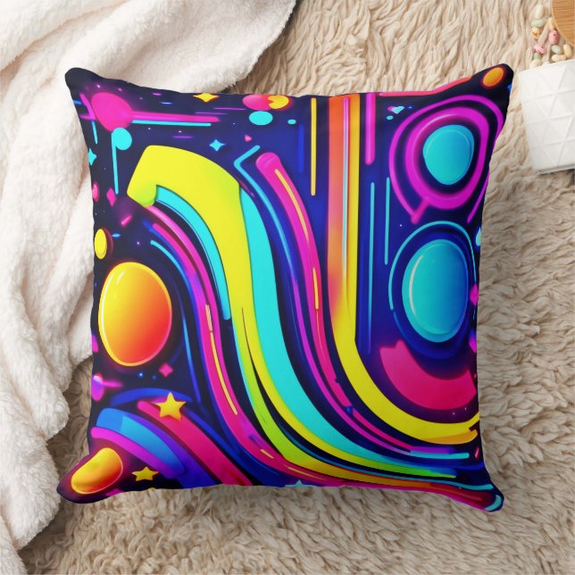 Neon Dreams: A Psychedelic Digital Odyssey Throw Pillow (Blanket)