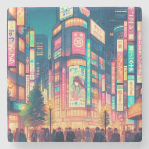 Neon Dreams of Shibuya Stone Coaster