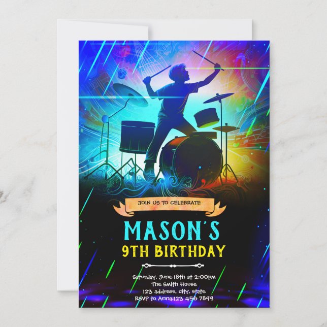 Neon drum birthday party Invitation (Front)