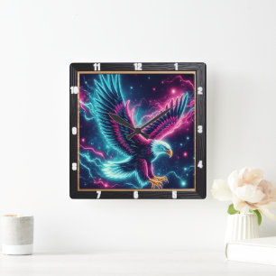 Neon Eagle Lightning Bolt Square Wall Clock