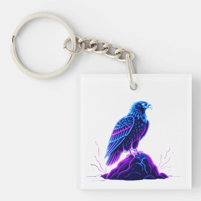 Neon Eagle on Glowing Rock – Cyberpunk Style Keychain (Front)
