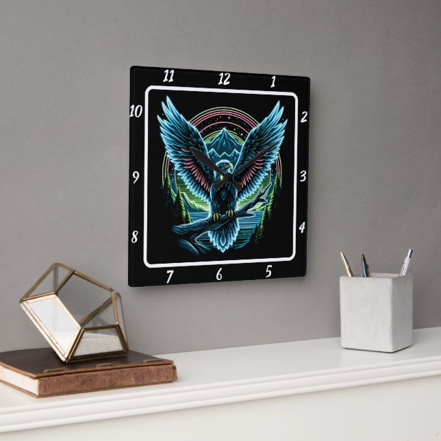 Neon Eagle Skyline Square Wall Clock (Office)