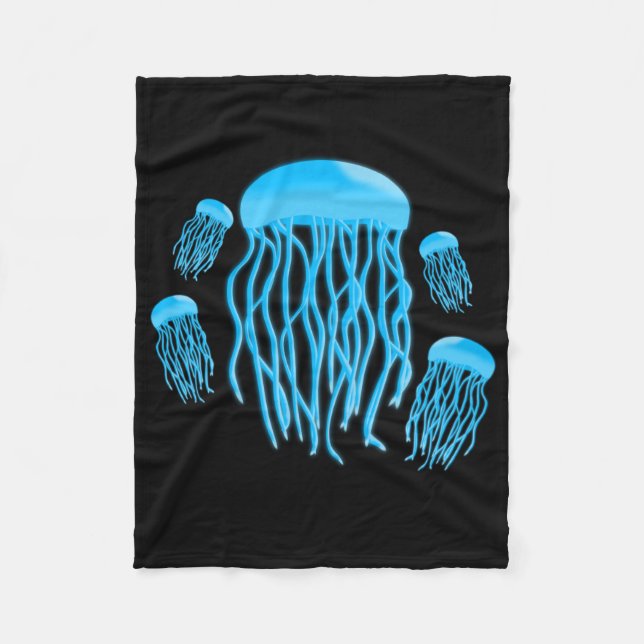 Neon Electric Blue Glowing Jellyfish Family Fleece Blanket (Front)