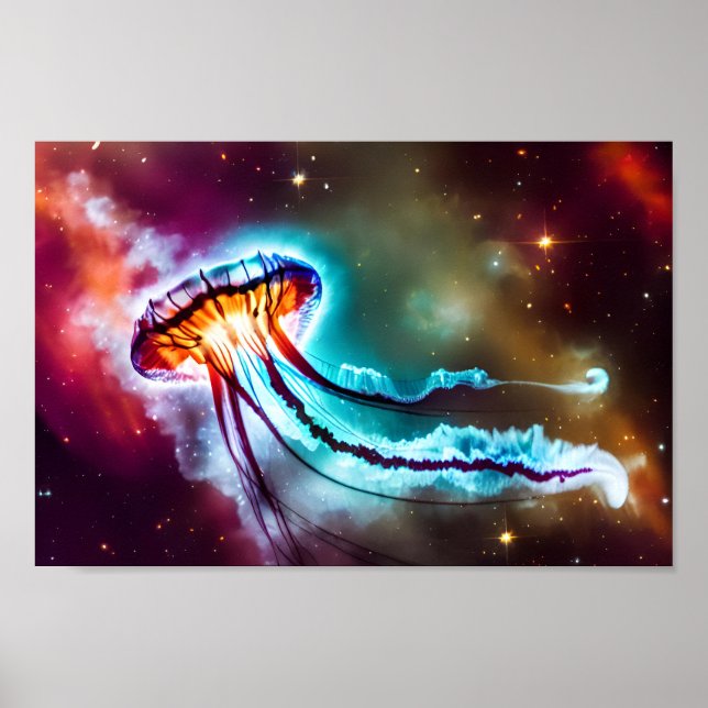 Neon Electric Cosmic Jellyfish Orbiting Stars Poster (Front)