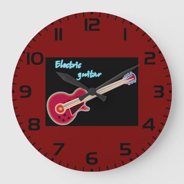 Neon Electric Guitar Retro 80s Rock Music Large Clock (Front)
