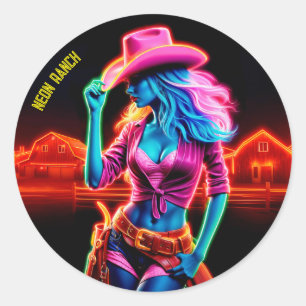 Neon fantasy cowgirl in glowing ranch setting classic round sticker
