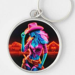 Neon fantasy cowgirl in glowing ranch setting keychain