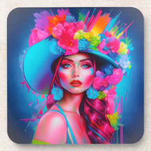 Neon Fantasy Floral Portrait Coaster
