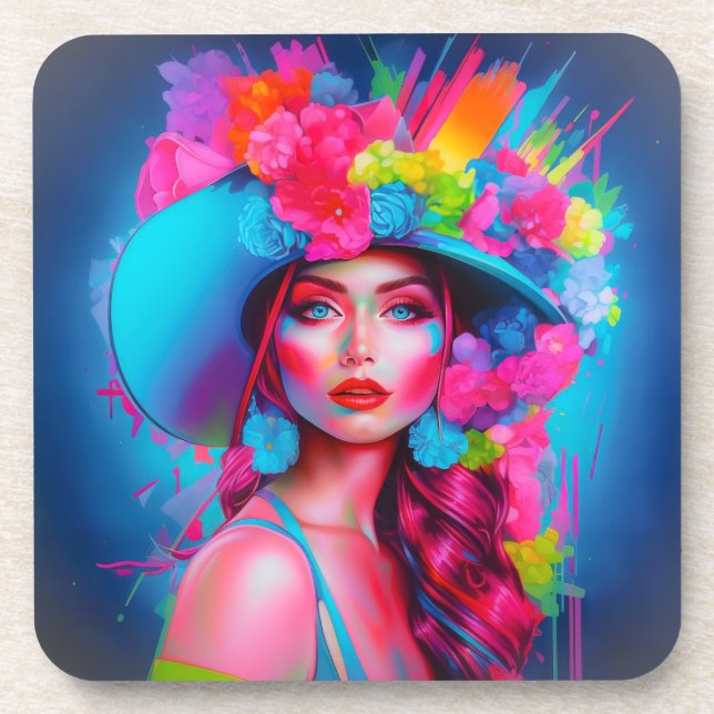 Neon Fantasy Floral Portrait  Coaster (Front)
