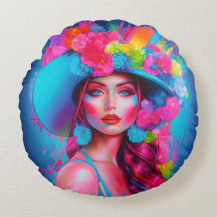 Neon Fantasy Floral Portrait Round Pillow