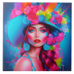 Neon Fantasy Floral Portrait  Tile