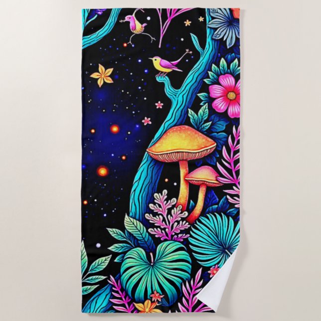 Neon Fantasy Forest Night Glow Design Beach Towel (Front)