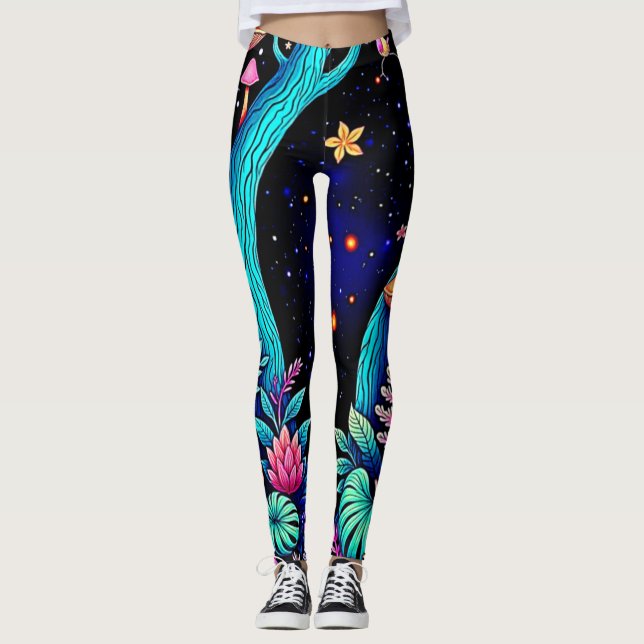 Neon Fantasy Forest Night Glow Design Leggings (Front)