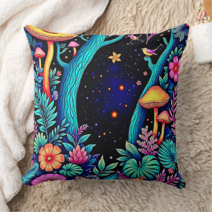 Neon Fantasy Forest Night Glow Design Throw Pillow