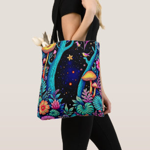 Neon Fantasy Forest Night Glow Design Tote Bag
