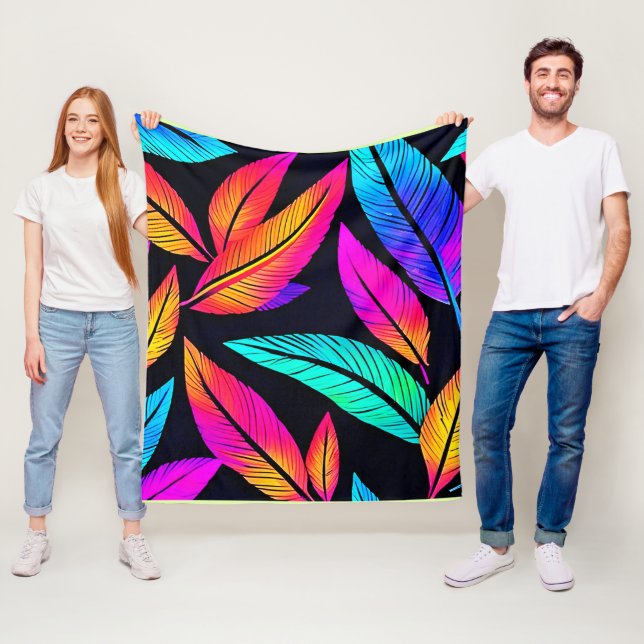Neon Feather Pattern Vibrant Art Fleece Blanket (In Situ)