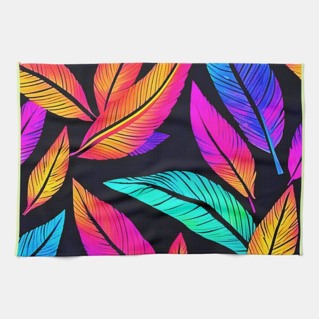 Neon Feather Pattern Vibrant Art Kitchen Towel (Horizontal)