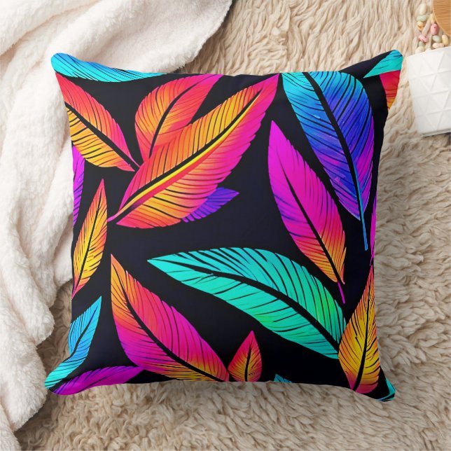 Neon Feather Pattern Vibrant Art Throw Pillow (Blanket)