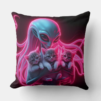 Neon Female Alien Cradling Kittens Throw Pillow