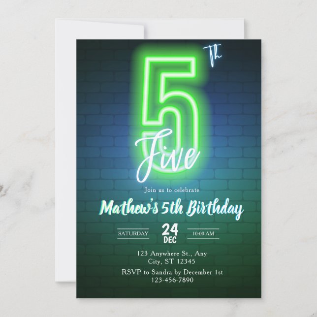 Neon fifth birthday Invitation (Front)