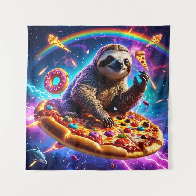 Neon Fire-Breathing Sloth in Cosmic Pizza Galaxy Tapestry (Front)
