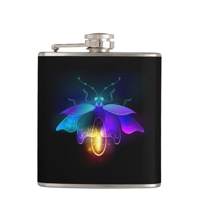 Neon Firefly on black Hip Flask (Front)