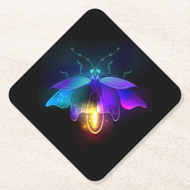 Neon Firefly on black Paper Coaster (Front)