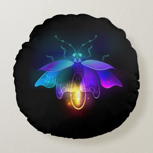 Neon Firefly on black Round Pillow (Front)