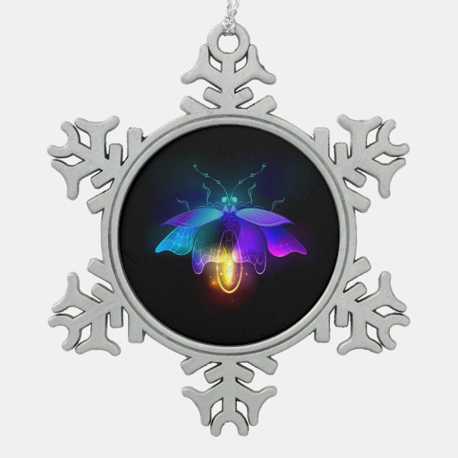 Neon Firefly on black Snowflake Pewter Christmas Ornament (Front)