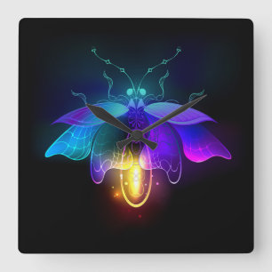 Neon Firefly on black Square Wall Clock