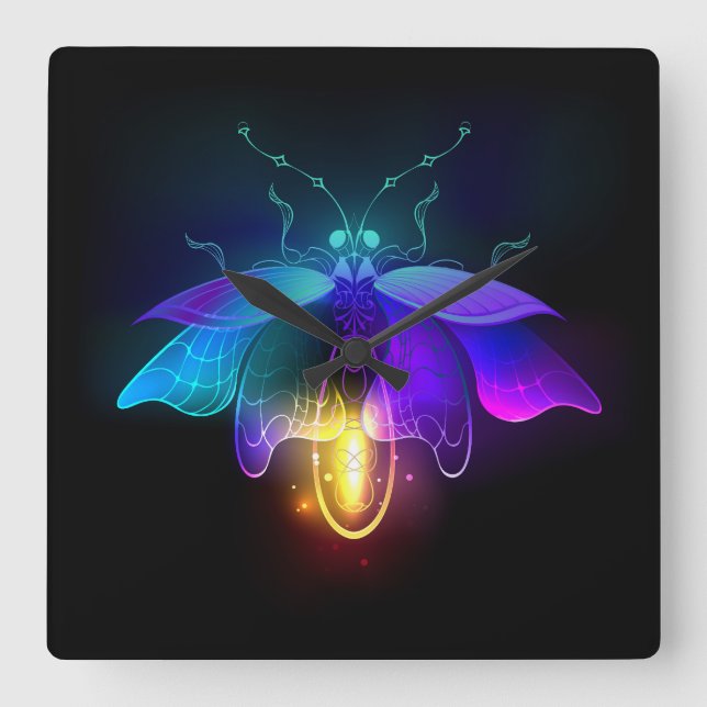 Neon Firefly on black Square Wall Clock (Front)