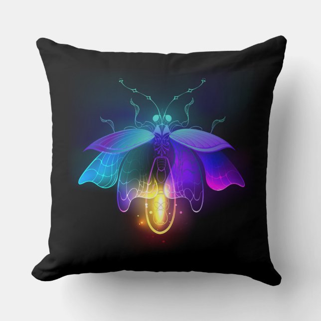 Neon Firefly on black Throw Pillow (Front)