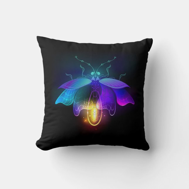 Neon Firefly on black Throw Pillow (Front)