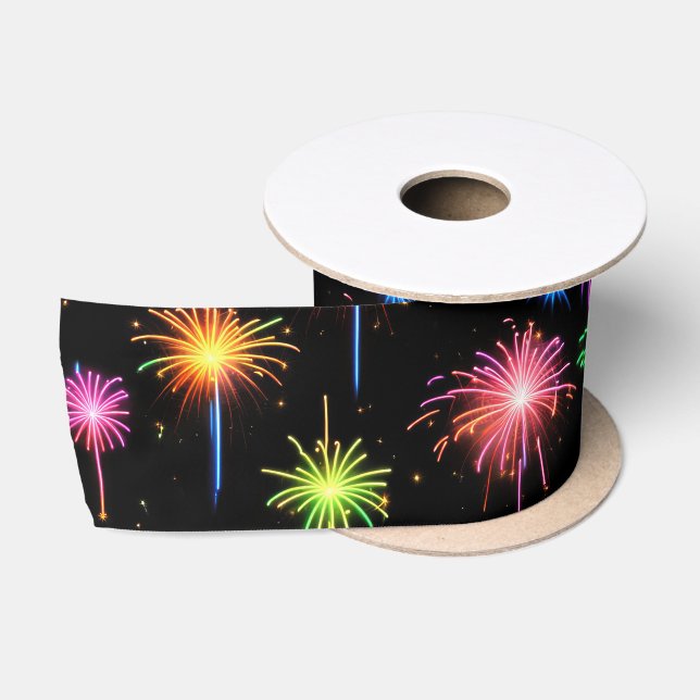 Neon Fireworks On Black Satin Ribbon (Spool)