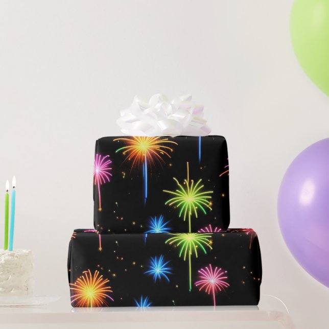 Neon Fireworks On Black Wrapping Paper (Party Gifts)