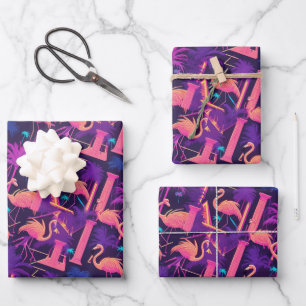 Neon Flamingo Palm Trees Vaporwave Aesthetic  Wrapping Paper Sheet