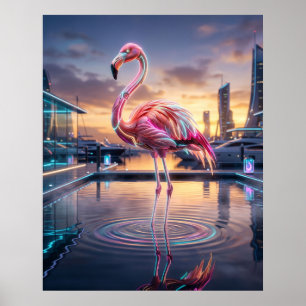 Neon Flamingo Sunset Marina Poster