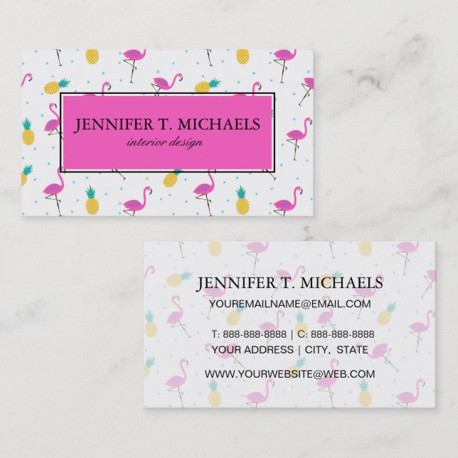 Neon Flamingos | Monogram 2 Business Card (Front/Back)