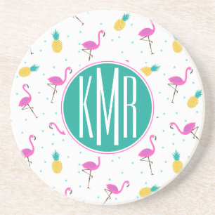 Neon Flamingos Monogram Coaster