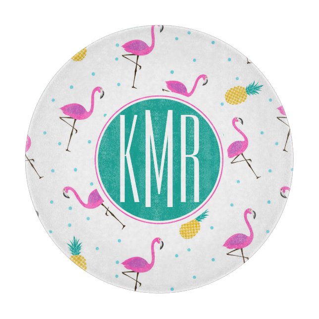 Neon Flamingos | Monogram Cutting Board (Front)