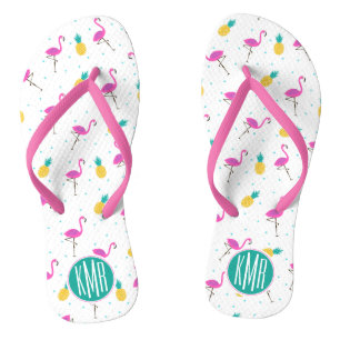 Neon Flamingos   Monogram Flip Flops