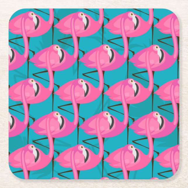 Neon Flamingos Square Paper Coaster (Front)